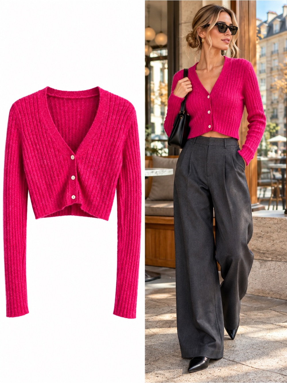 ZARA Fuchsia Alpaca Wool Blend Ribbed Cropped Cardigan Sweater Size Medium